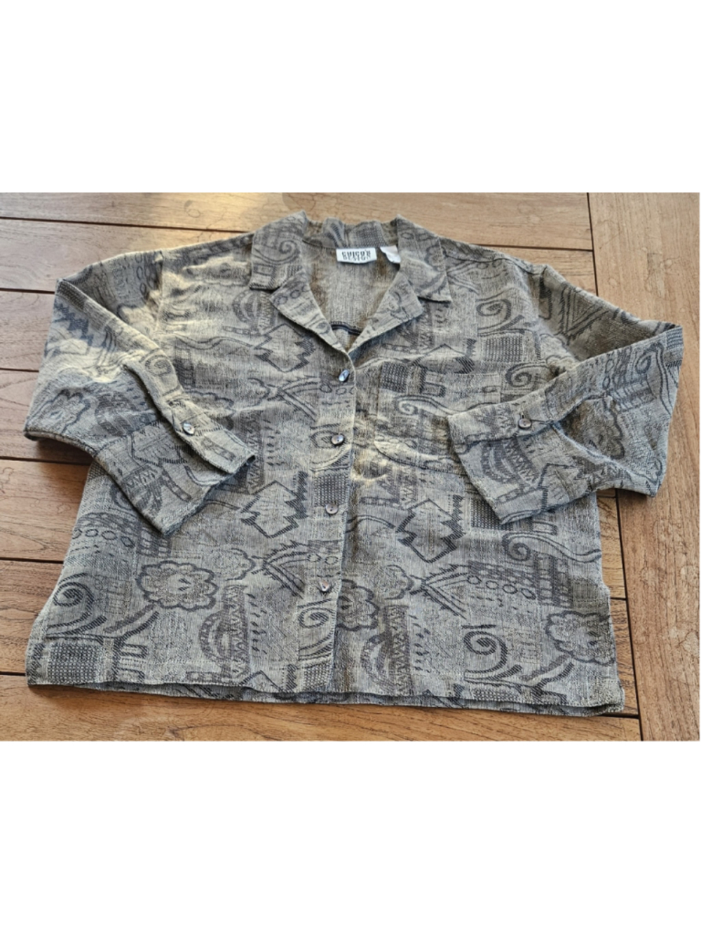 Vintage Chico’s Design Abstract Graphic Print Button Down Shirt Linen Blend Sz 0